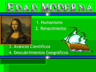 1.  Humanismo 2. Renacimiento 3. Avances Científicos 4. Descubrimientos Geográficos 