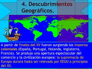 4. Descubrimientos Geográficos. A partir de  finales del XV  fueron surgiendo los  imperios  coloniales   (España, Portugal, Holanda, Inglaterra, Francia). Se produjo una apertura espectacular del comercio y la civilización europea:  la supremacía de Europa durará hasta ser relevada por EEUU a principios del XX.   
