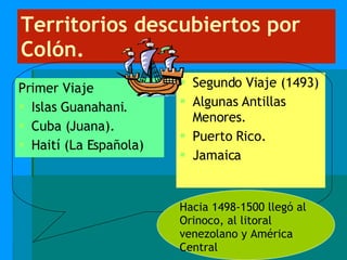 Territorios descubiertos por Colón. Primer Viaje Islas Guanahani. Cuba (Juana). Haití (La Española) Segundo Viaje (1493) Algunas Antillas Menores. Puerto Rico. Jamaica Hacia 1498-1500 llegó al Orinoco, al litoral venezolano y América Central 