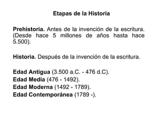 Etapas de la Historia
Prehistoria. Antes de la invención de la escritura.
(Desde hace 5 millones de años hasta hace
5.500).
Historia. Después de la invención de la escritura.
Edad Antigua (3.500 a.C. - 476 d.C).
Edad Media (476 - 1492).
Edad Moderna (1492 - 1789).
Edad Contemporánea (1789 -).
 