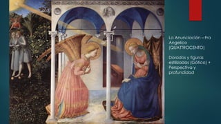 La Anunciación – Fra
Angelico
(QUATTROCENTO)
Dorados y figuras
estilizadas (Gótico) +
Perspectiva y
profundidad
 