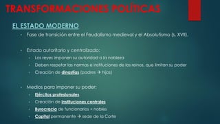 TRANSFORMACIONES POLÍTICAS
EL ESTADO MODERNO
• Fase de transición entre el Feudalismo medieval y el Absolutismo (s. XVII).
• Estado autoritario y centralizado:
• Los reyes imponen su autoridad a la nobleza
• Deben respetar las normas e instituciones de los reinos, que limitan su poder
• Creación de dinastías (padres  hijos)
• Medios para imponer su poder:
• Ejércitos profesionales
• Creación de instituciones centrales
• Burocracia de funcionarios + nobles
• Capital permanente  sede de la Corte
 