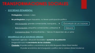TRANSFORMACIONES SOCIALES
• SOCIEDAD ESTAMENTAL
• Privilegiados: nobleza + clero
• No privilegiados: pagan impuestos, no tienen participación política
• Alta burguesía: grandes comerciantes, banqueros… 
• Baja burguesía: pequeños comerciantes y artesanos 
• Campesinos libres  autosuficientes / Siervos  dependen de un señor
• DESARROLLO DE LA SOCIEDAD URBANA
• Expansión agrícola + Situación favorable = aumento de población
• Emigración rural  crecimiento de las ciudades
• Ciudades  poder político y económico de la Alta Burguesía (Baja Edad Media)
 poder económico de la burguesía y político de la nobleza (Edad Moderna)
OLIGARQUÍA DE LAS CIUDADES
GREMIOS
 