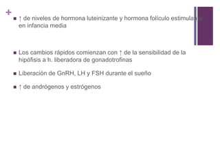 +  ↑ de niveles de hormona luteinizante y hormona folículo estimulante
      en infancia media



     Los cambios rápidos comienzan con ↑ de la sensibilidad de la
      hipófisis a h. liberadora de gonadotrofinas

     Liberación de GnRH, LH y FSH durante el sueño

     ↑ de andrógenos y estrógenos
 