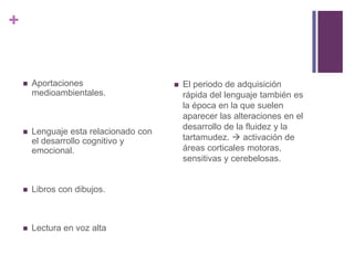 +


       Aportaciones                       El periodo de adquisición
        medioambientales.                   rápida del lenguaje también es
                                            la época en la que suelen
                                            aparecer las alteraciones en el
                                            desarrollo de la fluidez y la
       Lenguaje esta relacionado con
        el desarrollo cognitivo y           tartamudez.  activación de
        emocional.                          áreas corticales motoras,
                                            sensitivas y cerebelosas.


       Libros con dibujos.



       Lectura en voz alta
 