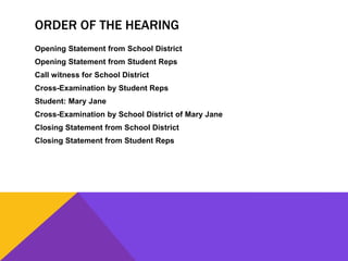 ORDER OF THE HEARING
Opening Statement from School District
Opening Statement from Student Reps
Call witness for School District
Cross-Examination by Student Reps
Student: Mary Jane
Cross-Examination by School District of Mary Jane
Closing Statement from School District
Closing Statement from Student Reps
 
