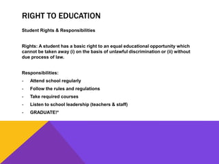 RIGHT TO EDUCATION
Student Rights & Responsibilities
Rights: A student has a basic right to an equal educational opportunity which
cannot be taken away (i) on the basis of unlawful discrimination or (ii) without
due process of law.
Responsibilities:
- Attend school regularly
- Follow the rules and regulations
- Take required courses
- Listen to school leadership (teachers & staff)
- GRADUATE!*
 