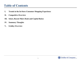 I. Trends in the In-Store Consumer Shopping Experience 
II. Competitive Overview 
III. Select, Recent M&A Deals and Capital Raises 
IV. Summary Thoughts 
V. Gridley Overview 
3 
Table of Contents 
 