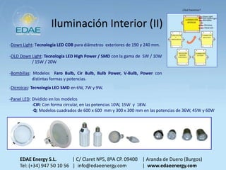 Iluminación Interior (II)
-Dicroicas: Tecnología LED SMD en 6W, 7W y 9W.
-Panel LED: Dividido en los modelos
-CIR: Con forma circular, en las potencias 10W, 15W y 18W.
-Q: Modelos cuadrados de 600 x 600 mm y 300 x 300 mm en las potencias de 36W, 45W y 60W
EDAE Energy S.L. | C/ Claret Nº5, 8ºA CP. 09400 | Aranda de Duero (Burgos)
Tel: (+34) 947 50 10 56 | info@edaeenergy.com | www.edaeenergy.com
¿Qué hacemos?
-Down Light: Tecnología LED COB para diámetros exteriores de 190 y 240 mm.
-OLD Down Light: Tecnología LED High Power / SMD con la gama de 5W / 10W
/ 15W / 20W
-Bombillas: Modelos Faro Bulb, Cir Bulb, Bulb Power, V-Bulb, Power con
distintas formas y potencias.
 