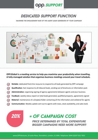Dedicated Support Function
Maximise the engagement rate of the agent leads generated by your campaign
www.OPP.Ventures, 24 Jacks Place, Shoreditch, London, E1 6NN. Telephone: 0044 (0)207 952 7653
Reliable: dedicated front-line resource to respond to all leads generated by OPP campaign
Qualification: fast response to all inbound leads, sending out of brochures or information pack
Administration: organising signing of agency agreements between agents and your business
Feedback: weekly status report on total leads generated, qualified prospects, agreements signed
Material: maintenance of a dropbox folder containing all the information and collateral for agents
Communication: Weekly update sent out to agents with news, stock availability, and sales tools
OPP.Global is a meeting service to help you maximise your productivity when travelling.
A fully-managed solution that organises business meetings around your travel schedule.
20% = of campaign cost
price determined by total expenditure
Bigger campaigns need more support!
Support
 
