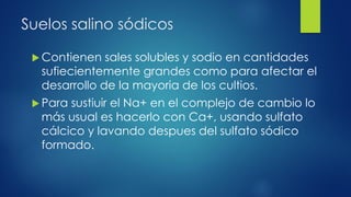 Suelos salino sódicos
 Contienen

sales solubles y sodio en cantidades
sufiecientemente grandes como para afectar el
desarrollo de la mayoria de los cultios.

 Para

sustiuir el Na+ en el complejo de cambio lo
más usual es hacerlo con Ca+, usando sulfato
cálcico y lavando despues del sulfato sódico
formado.

 