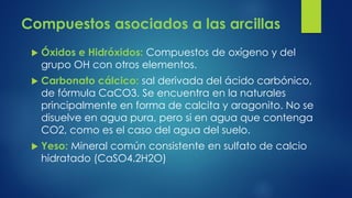 Compuestos asociados a las arcillas


Óxidos e Hidróxidos: Compuestos de oxígeno y del
grupo OH con otros elementos.



Carbonato cálcico: sal derivada del ácido carbónico,
de fórmula CaCO3. Se encuentra en la naturales
principalmente en forma de calcita y aragonito. No se
disuelve en agua pura, pero si en agua que contenga
CO2, como es el caso del agua del suelo.



Yeso: Mineral común consistente en sulfato de calcio
hidratado (CaSO4.2H2O)

 