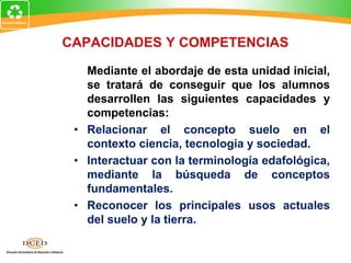 CAPACIDADES Y COMPETENCIAS
Mediante el abordaje de esta unidad inicial,
se tratará de conseguir que los alumnos
desarrollen las siguientes capacidades y
competencias:
• Relacionar el concepto suelo en el
contexto ciencia, tecnología y sociedad.
• Interactuar con la terminología edafológica,
mediante la búsqueda de conceptos
fundamentales.
• Reconocer los principales usos actuales
del suelo y la tierra.
 