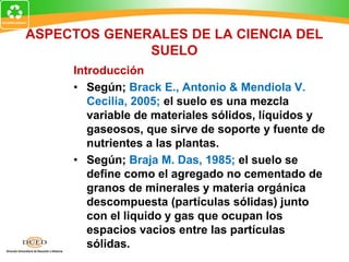 ASPECTOS GENERALES DE LA CIENCIA DEL
SUELO
Introducción
• Según; Brack E., Antonio & Mendiola V.
Cecilia, 2005; el suelo es una mezcla
variable de materiales sólidos, líquidos y
gaseosos, que sirve de soporte y fuente de
nutrientes a las plantas.
• Según; Braja M. Das, 1985; el suelo se
define como el agregado no cementado de
granos de minerales y materia orgánica
descompuesta (partículas sólidas) junto
con el liquido y gas que ocupan los
espacios vacios entre las partículas
sólidas.
 