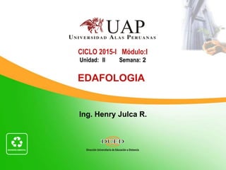 Ing. Henry Julca R.
CICLO 2015-I Módulo:I
Unidad: II Semana: 2
EDAFOLOGIA
 