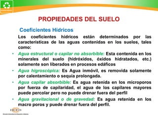 Coeficientes Hídricos
Los coeficientes hídricos están determinados por las
características de las aguas contenidas en los suelos, tales
como:
• Agua estructural o capilar no absorbible: Esta contenida en los
minerales del suelo (hidróxidos, óxidos hidratados, etc.)
solamente son liberados en procesos edáficos
• Agua higroscópica: Es Agua inmóvil, es removida solamente
por calentamiento o sequía prolongada.
• Agua capilar absorbible: Es agua retenida en los microporos
por fuerza de capilaridad, el agua de los capilares mayores
puede percolar pero no puede drenar fuera del perfil
• Agua gravitacional o de gravedad: Es agua retenida en los
macro poros y puede drenar fuera del perfil.
PROPIEDADES DEL SUELO
 