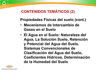 CONTENIDOS TEMÁTICOS (2)
Propiedades Físicas del suelo (cont.)
• Mecanismos de Intercambio de
Gases en el Suelo
• El Agua en el Suelo: Naturaleza del
Agua, La Solución Suelo, Retención
y Potencial del Agua del Suelo,
Sistemas Convencionales de
Clasificación del Agua del Suelo,
Coeficientes Hídricos, Determinación
de la Humedad del Suelo
 