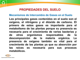 Mecanismos de Intercambio de Gases en el Suelo
Los principales gases contenidos en el suelo son el
oxígeno, el nitrógeno y el dióxido de carbono. El
primero de estos gases es importante para el
metabolismo de las plantas porque su presencia es
necesaria para el crecimiento de varias bacterias y
de otros organismos responsables de la
descomposición de la materia orgánica. La
presencia de oxígeno también es vital para el
crecimiento de las plantas ya que su absorción por
las raíces es necesaria para sus procesos
metabólicos.
PROPIEDADES DEL SUELO
 