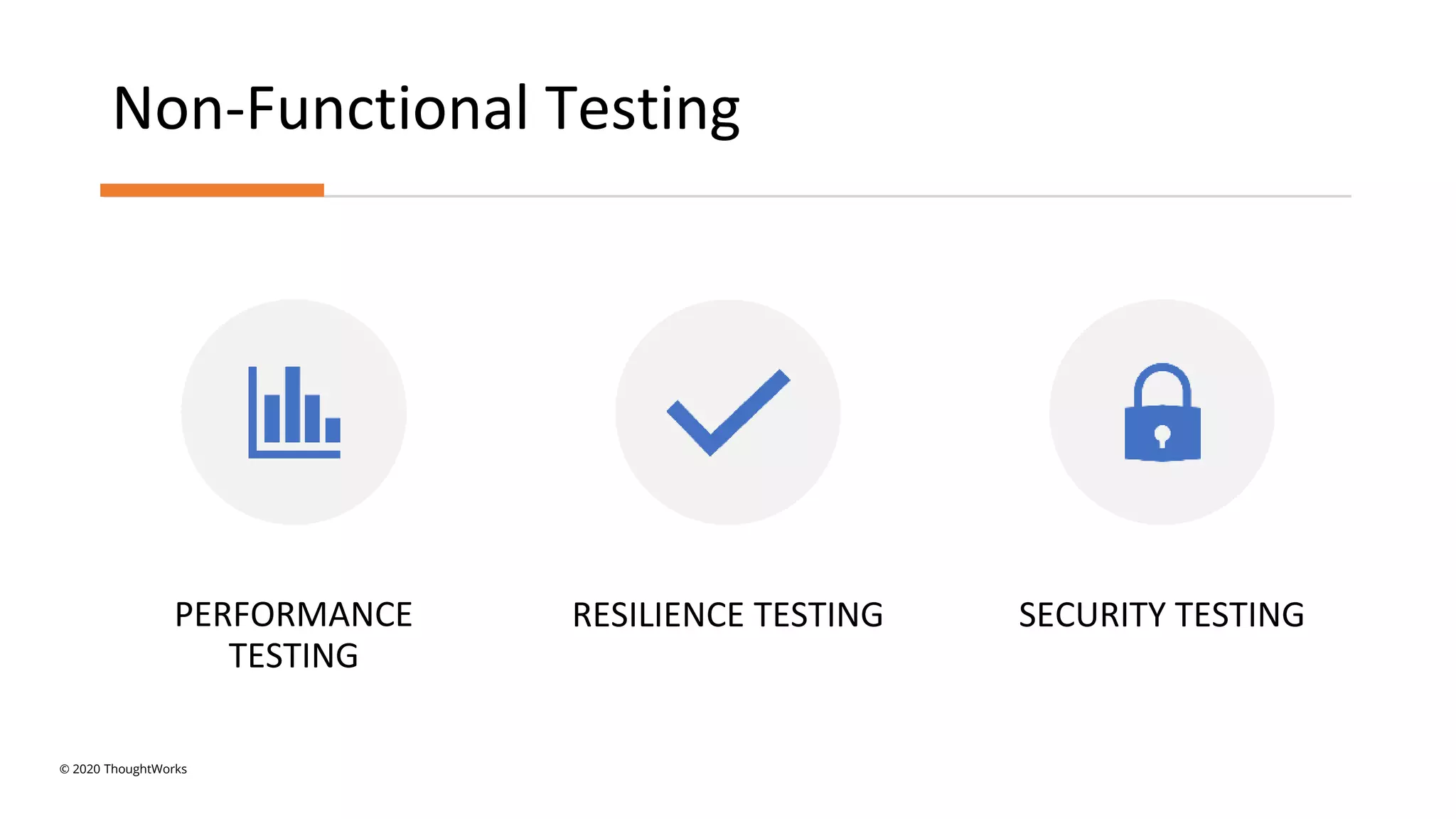 Non-Functional Testing
PERFORMANCE
TESTING
RESILIENCE TESTING SECURITY TESTING
© 2020 ThoughtWorks
 