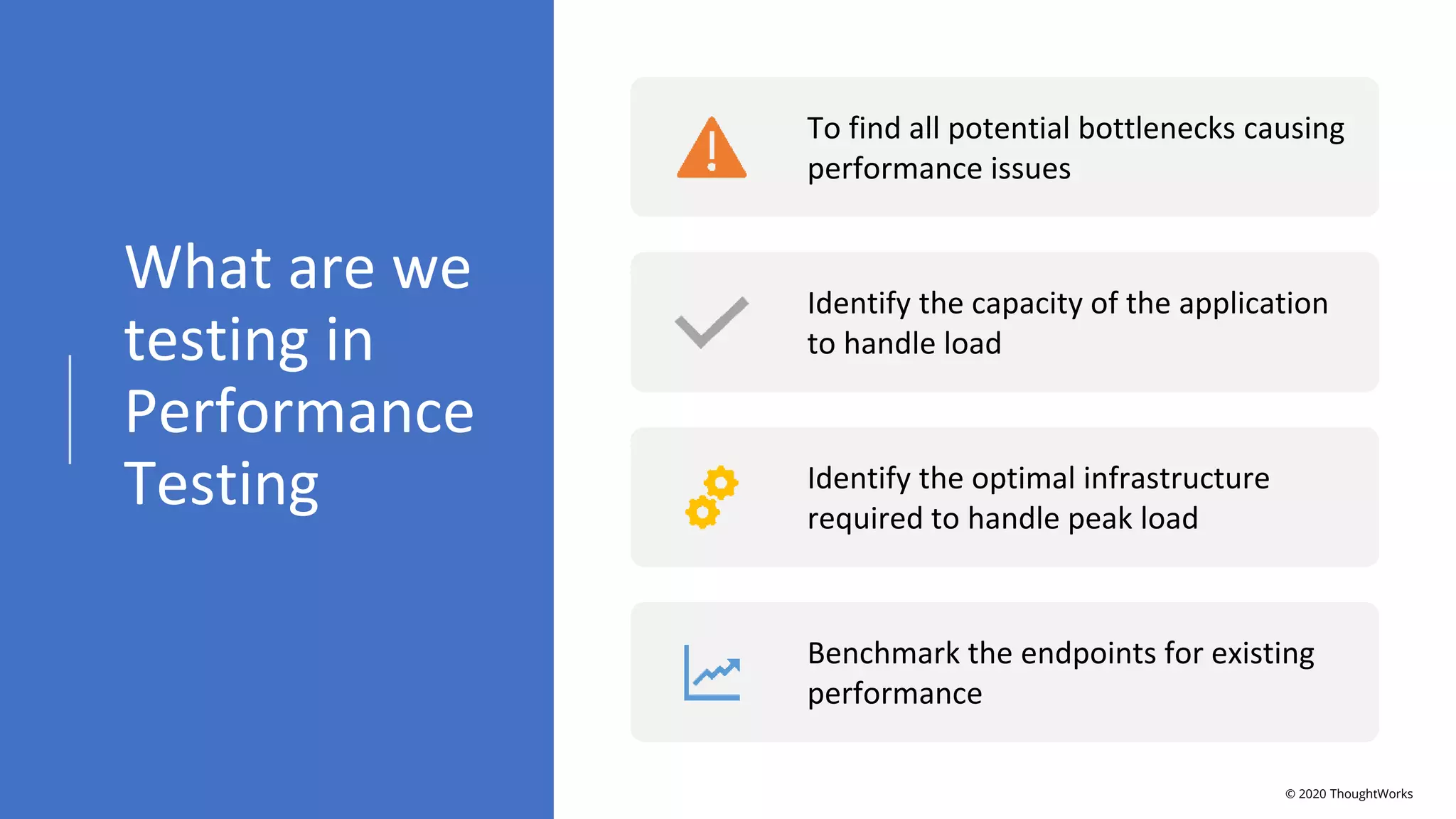 What are we
testing in
Performance
Testing
To find all potential bottlenecks causing
performance issues
Identify the capacity of the application
to handle load
Identify the optimal infrastructure
required to handle peak load
Benchmark the endpoints for existing
performance
© 2020 ThoughtWorks
 