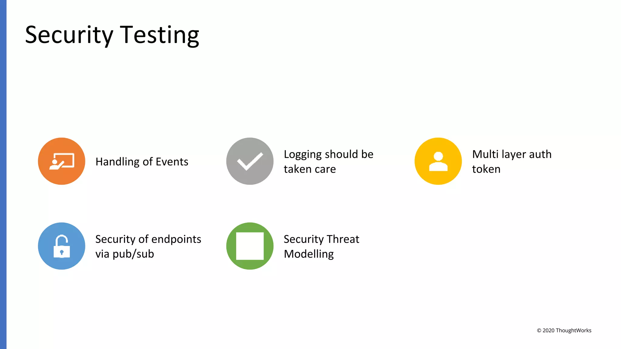 Security Testing
Handling of Events
Logging should be
taken care
Multi layer auth
token
Security of endpoints
via pub/sub
Security Threat
Modelling
© 2020 ThoughtWorks
 