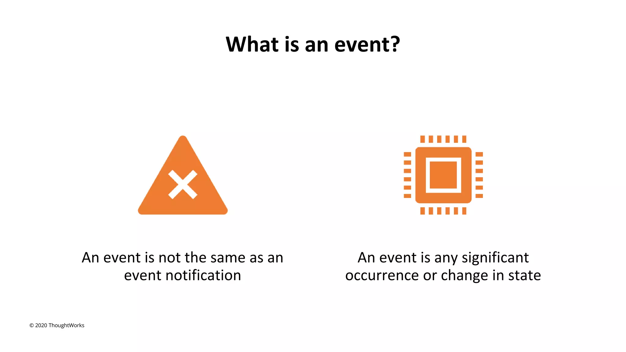 What is an event?
An event is not the same as an
event notification
An event is any significant
occurrence or change in state
© 2020 ThoughtWorks
 