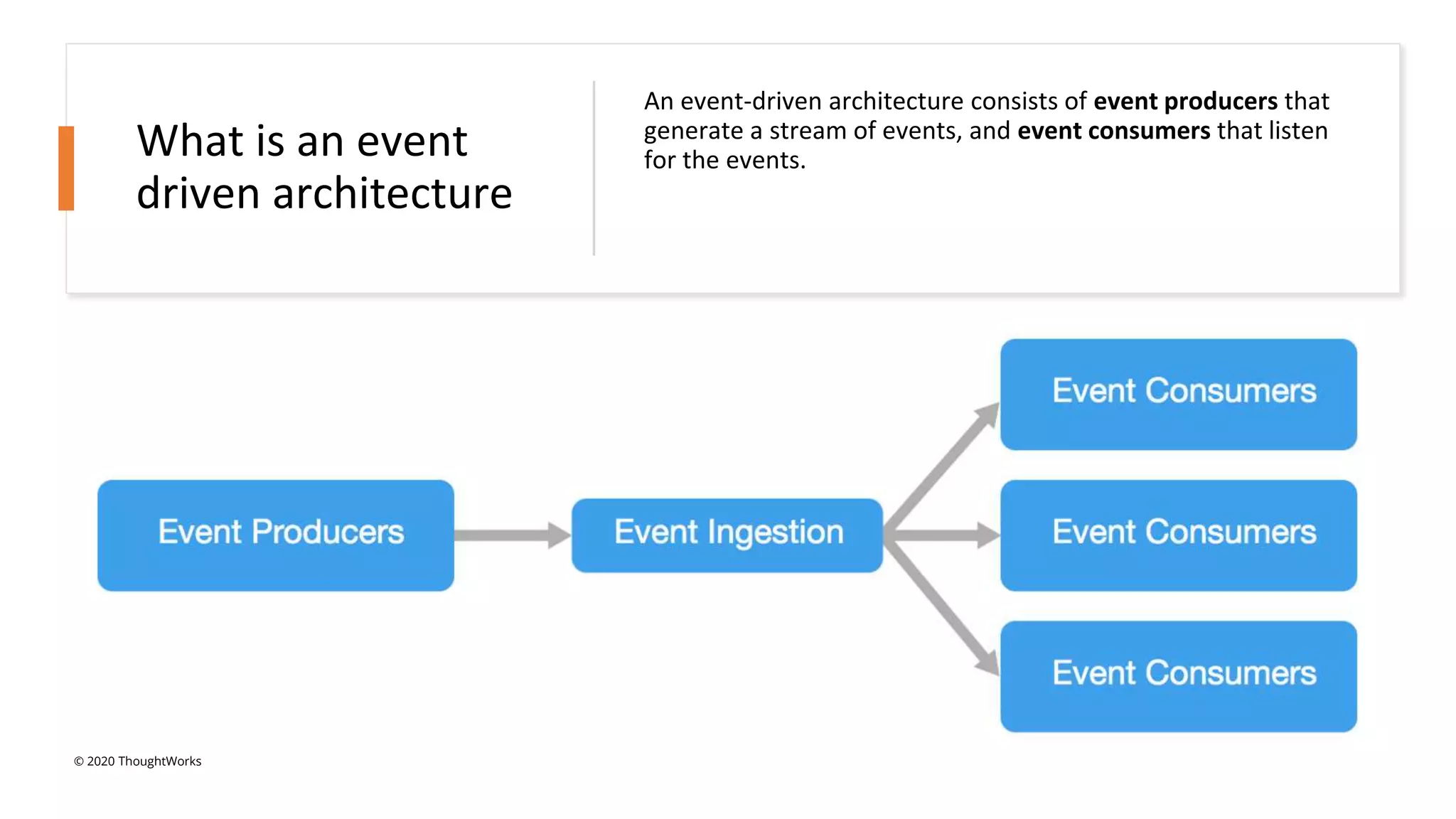 What is an event
driven architecture
An event-driven architecture consists of event producers that
generate a stream of events, and event consumers that listen
for the events.
© 2020 ThoughtWorks
 