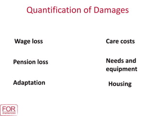 Quantification of Damages
Wage loss
Pension loss
Adaptation
Needs and
equipment
Care costs
Housing
 