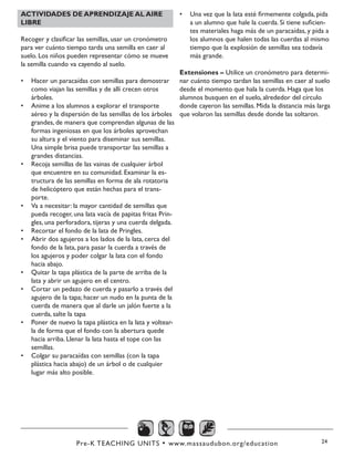 Pre-K TEACHING UNITS • www.massaudubon.org/education 24
ACTIVIDADES DE APRENDIZAJE AL AIRE
LIBRE
Recoger y clasificar las semillas, usar un cronómetro
para ver cuánto tiempo tarda una semilla en caer al
suelo. Los niños pueden representar cómo se mueve
la semilla cuando va cayendo al suelo.
•	 Hacer un paracaídas con semillas para demostrar
como viajan las semillas y de allí crecen otros
árboles.
•	 Anime a los alumnos a explorar el transporte
aéreo y la dispersión de las semillas de los árboles
grandes, de manera que comprendan algunas de las
formas ingeniosas en que los árboles aprovechan
su altura y el viento para diseminar sus semillas.
Una simple brisa puede transportar las semillas a
grandes distancias.
•	 Recoja semillas de las vainas de cualquier árbol
que encuentre en su comunidad. Examinar la es-
tructura de las semillas en forma de ala rotatoria
de helicóptero que están hechas para el trans-
porte.
•	 Va a necesitar: la mayor cantidad de semillas que
pueda recoger, una lata vacía de papitas fritas Prin-
gles, una perforadora, tijeras y una cuerda delgada.
•	 Recortar el fondo de la lata de Pringles.
•	 Abrir dos agujeros a los lados de la lata, cerca del
fondo de la lata, para pasar la cuerda a través de
los agujeros y poder colgar la lata con el fondo
hacia abajo.
•	 Quitar la tapa plástica de la parte de arriba de la
lata y abrir un agujero en el centro.
•	 Cortar un pedazo de cuerda y pasarlo a través del
agujero de la tapa; hacer un nudo en la punta de la
cuerda de manera que al darle un jalón fuerte a la
cuerda, salte la tapa
•	 Poner de nuevo la tapa plástica en la lata y voltear-
la de forma que el fondo con la abertura quede
hacia arriba. Llenar la lata hasta el tope con las
semillas.
•	 Colgar su paracaídas con semillas (con la tapa
plástica hacia abajo) de un árbol o de cualquier
lugar más alto posible.
•	 Una vez que la lata esté firmemente colgada, pida
a un alumno que hale la cuerda. Si tiene suficien-
tes materiales haga más de un paracaídas, y pida a
los alumnos que halen todas las cuerdas al mismo
tiempo que la explosión de semillas sea todavía
más grande.
Extensiones – Utilice un cronómetro para determi-
nar cuánto tiempo tardan las semillas en caer al suelo
desde el momento que hala la cuerda. Haga que los
alumnos busquen en el suelo, alrededor del círculo
donde cayeron las semillas. Mida la distancia más larga
que volaron las semillas desde donde las soltaron.
 