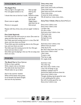 Pre-K TEACHING UNITS • www.massaudubon.org/education 34
FINGERPLAYS
The AppleTree
Way up high in the apple tree,	 Point up high
Five red apples looked at me.		 Hold up five 		
					 fingers
I shook that tree as hard as I could,	 Pretend to shake 	
					the tree with 		
					both hands
Down came an apple,			 Wiggle fingers 		
					down from the air
Mmmm, it was good.			 Rub tummy!
Repeat with four, three, two, and one apple “smiled at
me.”
Five Little Squirrels
Five little squirrels with acorns to store. One went to
sleep and then there were four! 
Four little squirrels hunting acorns in a tree. One fell
down, and now there are three! 
Three little squirrels wondering what to do. One got
lost, and now there are two! 
Two little squirrels tossing acorns for fun. One got
tired, and now there is one! 
One little squirrel playing in the sun. He ran away, now
there are none.
POEMS
The BeechTree by Rose Fyleman
I’d like to have a garden 
With a beech tree on the lawn; 
The little birds that lived there 
Would wake me up at dawn.
And in the summer weather 
When all the leaves were green,
I’d sit beneath the beech boughs 
And see the sky between.
Trees, trees, trees
Trees, trees, trees
Have roots, and trunks, and leaves, 
Trees, trees, trees, 
Have buds, and fruits, and seeds,  
Trees, trees, trees, 
A home for birds and bees, 
We all need our trees, trees, trees...
EveryTime I Climb aTree by David McCord
Every time I climb a tree
Every time I climb a tree
I scrape a leg
Or skin a knee
And every time I climb a tree
I find some ants
Or dodge a bee
And get the ants
All over me
And every time I climb a tree
Where have you been?
They say to me
But don’t they know that I am free
Every time I climb a tree?
I like it best
To spot a nest
That has an egg
Or maybe three
And then I skin
The other leg
But every time I climb a tree
I see a lot of things to see
Swallows rooftops and TV
And all the fields and farms there be
Every time I climb a tree
Though climbing may be good for ants
It isn’t awfully good for pants
But still it’s pretty good for me
Every time I climb a tree
 