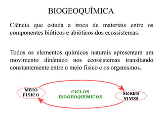 BIOGEOQUÍMICA
Ciência que estuda a troca de materiais entre os
componentes bióticos e abióticos dos ecossistemas.


Todos os elementos químicos naturais apresentam um
movimento dinâmico nos ecossistemas transitando
constantemente entre o meio físico e os organismos.
 