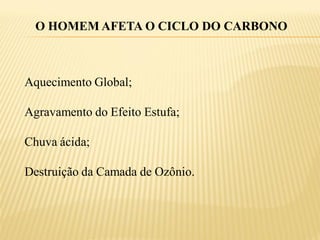 O HOMEM AFETA O CICLO DO CARBONO



Aquecimento Global;

Agravamento do Efeito Estufa;

Chuva ácida;

Destruição da Camada de Ozônio.
 