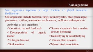 Soil organisms
Soil organisms represent a large fraction of global terrestrial
biodiversity
Soil organisms include bacteria, fungi, actinomycetes, blue green algae,
protozoans, rotifers, nematodes, earth worms, molluscs, arthropods etc.
Constitute the soil food web
 Decomposition of organic
matter
Nitrogen fixation
Soil aeration
Secrets chemicals that stimulate
growth hormones
Denitrifying & desulphofying
 Causes plant diseases
Mycorrhizal association
Activities of soil organisms
 