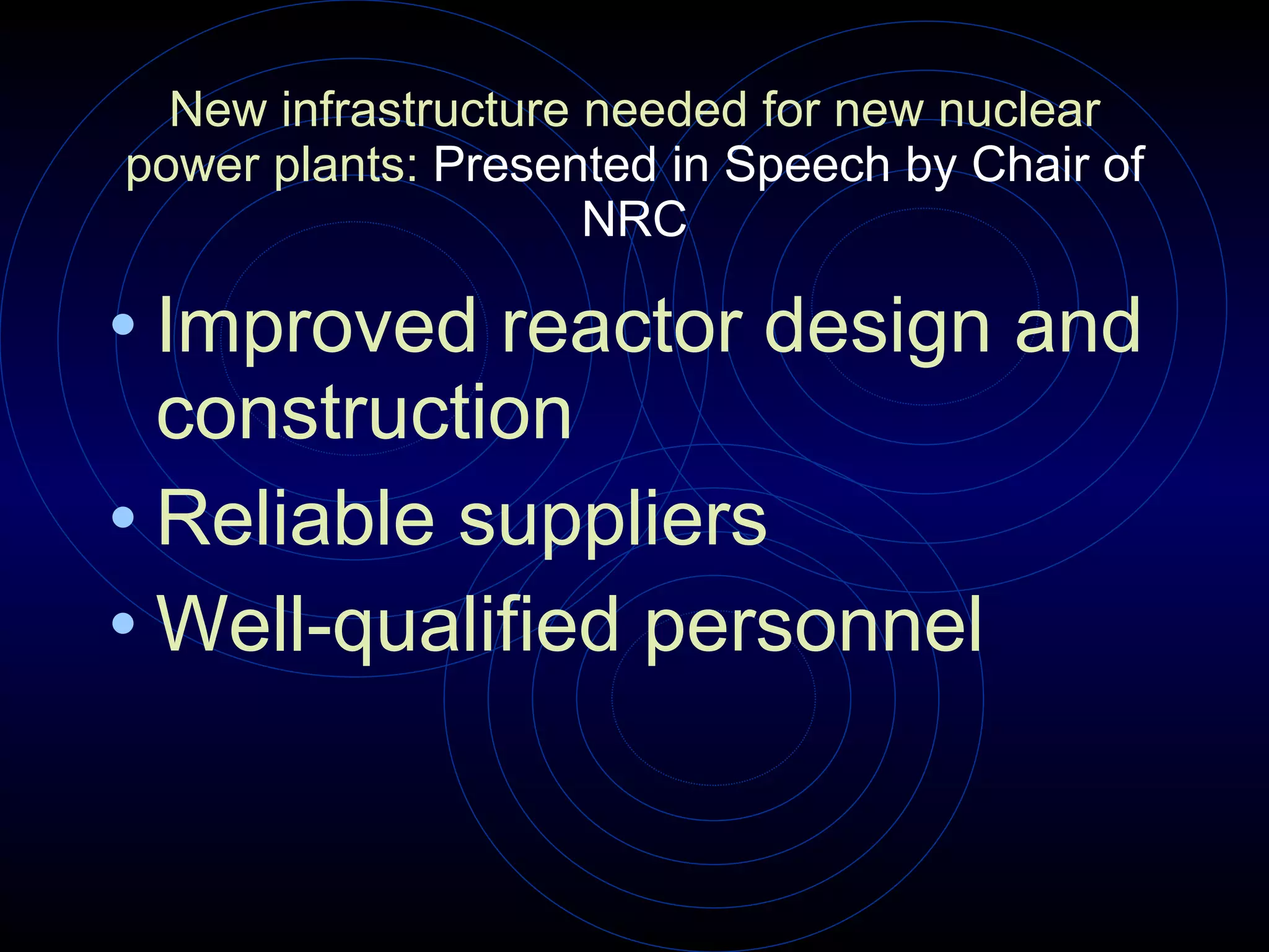 New infrastructure needed for new nuclear power plants:   Presented in Speech by Chair of NRC Improved reactor design and construction  Reliable suppliers  Well-qualified personnel  