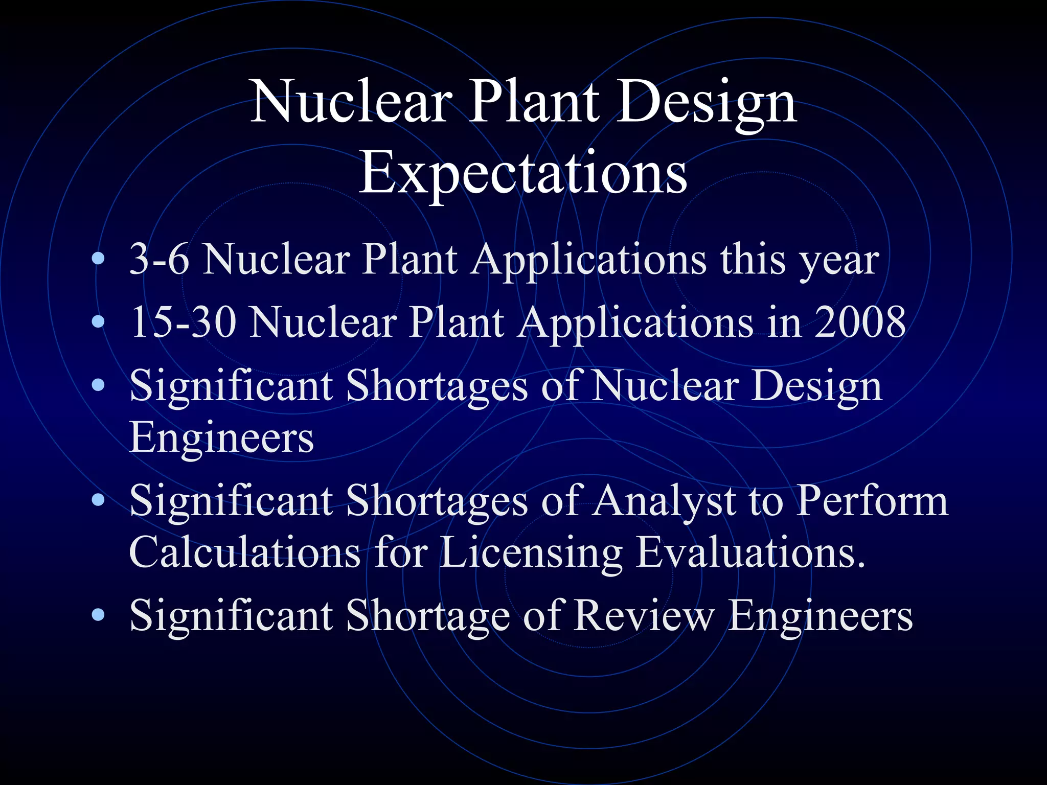 Nuclear Plant Design Expectations 3-6 Nuclear Plant Applications this year 15-30 Nuclear Plant Applications in 2008 Significant Shortages of Nuclear Design Engineers Significant Shortages of Analyst to Perform Calculations for Licensing Evaluations. Significant Shortage of Review Engineers 