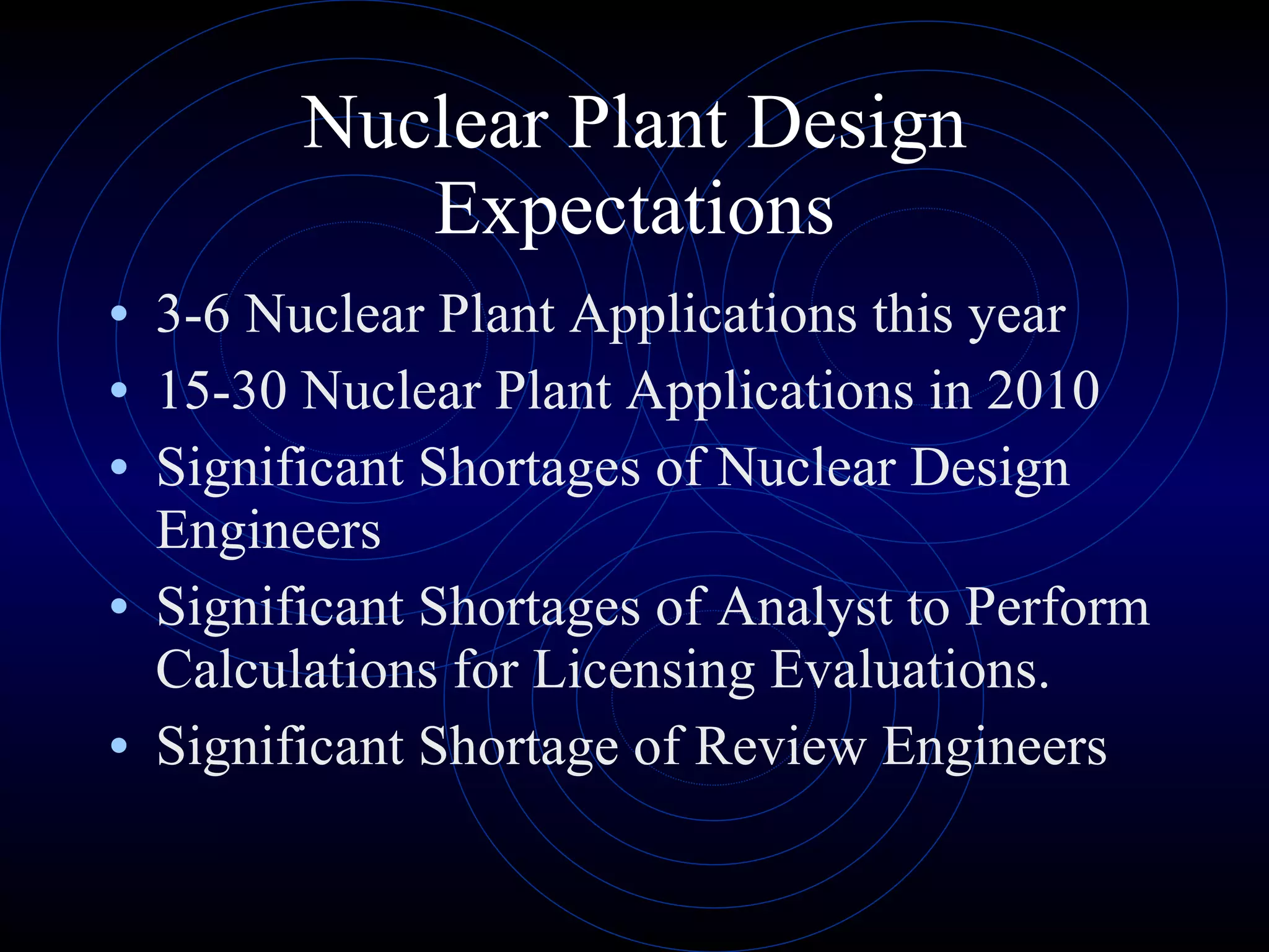 Nuclear Plant Design Expectations 3-6 Nuclear Plant Applications this year 15-30 Nuclear Plant Applications in 2010 Significant Shortages of Nuclear Design Engineers Significant Shortages of Analyst to Perform Calculations for Licensing Evaluations. Significant Shortage of Review Engineers 