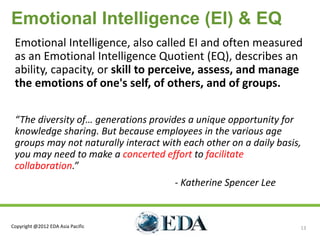Emotional Intelligence (EI) & EQ
 Emotional Intelligence, also called EI and often measured
 as an Emotional Intelligence Quotient (EQ), describes an
 ability, capacity, or skill to perceive, assess, and manage
 the emotions of one's self, of others, and of groups.

 “The diversity of… generations provides a unique opportunity for
 knowledge sharing. But because employees in the various age
 groups may not naturally interact with each other on a daily basis,
 you may need to make a concerted effort to facilitate
 collaboration.”
                                      - Katherine Spencer Lee


Copyright @2012 EDA Asia Pacific                                   13
 