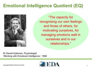 Emotional Intelligence Quotient (EQ)

                                         “The capacity for
                                   recognising our own feelings
                                      and those of others, for
                                     motivating ourselves, for
                                    managing emotions well in
                                       ourselves and in our
                                          relationships.”

Dr Daniel Goleman, Psychologist
‘Working with Emotional Intelligence’, 1998


Copyright @2012 EDA Asia Pacific                                  14
 