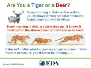 Are You a Tiger or a Deer?
                                   Every morning in Asia, a deer wakes
                                   up. It knows it must run faster than the
                                   fastest tiger or it will be killed.

     Every morning in Asia, a tiger wakes up. It knows it
     must outrun the slowest deer or it will starve to death.




   It doesn’t matter whether you are a tiger or a deer: when
   the sun comes up, you’d better be running…..


Copyright @2012 EDA Asia Pacific                                              2
 