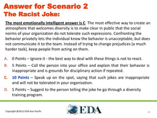 Answer for Scenario 2
The Racist Joke:
The most emotionally intelligent answer is C. The most effective way to create an
atmosphere that welcomes diversity is to make clear in public that the social
norms of your organization do not tolerate such expressions. Confronting the
behavior privately lets the individual know the behavior is unacceptable, but does
not communicate it to the team. Instead of trying to change prejudices (a much
harder task), keep people from acting on them.

A. 0 Points – Ignore it - the best way to deal with these things is not to react.
B. 5 Points – Call the person into your office and explain that their behavior is
   inappropriate and is grounds for disciplinary action if repeated.
C.   10 Points – Speak up on the spot, saying that such jokes are inappropriate
     and will not be tolerated in your organization.
D. 5 Points – Suggest to the person telling the joke he go through a diversity
   training program.


Copyright @2012 EDA Asia Pacific                                                    20
 
