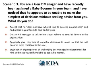 Scenario 3. You are a Gen Y Manager and have recently
   been assigned a Baby Boomer in your team, and have
   noticed that he appears to be unable to make the
   simplest of decisions without seeking advice from you.
   What do you do?
   A. Accept that he "does not have what it take to succeed around here" and
      find others in your team to take on his tasks.
   B. Get an HR manager to talk to him about where he sees his future in the
      organization.
   C.     Purposely give him lots of complex decisions to make so that he will
          become more confident in the role.
   D. Engineer an ongoing series of challenging but manageable experiences for
      him, and make yourself available to act as his mentor.



Copyright @2012 EDA Asia Pacific                                             21
 