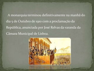 Os republicanos nomearam um Governo Provisório presidido pelo Dr. Teófilo Braga, que preparou a Assembleia Constituinte, presidida por Manuel de Arriaga;                            Teófilo Braga                                                                                      Manuel de ArriagaRealizações da 1ª República…