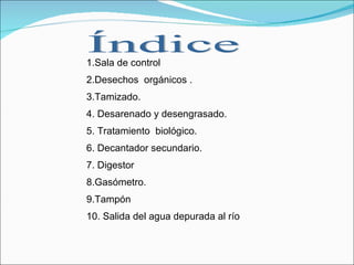 1.Sala de control  2.Desechos  orgánicos . 3.Tamizado.  4. Desarenado y desengrasado.  5. Tratamiento  biológico.  6. Decantador secundario.  7. Digestor 8.Gasómetro.  9.Tampón 10. Salida del agua depurada al río Índice 