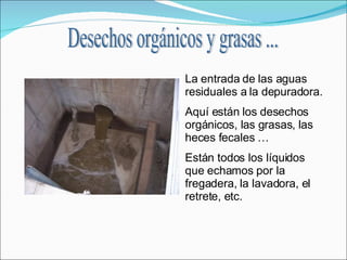 Desechos orgánicos y grasas ... La entrada de las aguas residuales a la depuradora. Aquí están los desechos orgánicos, las grasas, las heces fecales …  Están todos los líquidos que echamos por la fregadera, la lavadora, el retrete, etc.  