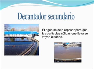 El agua se deja reposar para que las partículas sólidas que lleva se vayan al fondo. Decantador secundario 