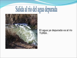 El agua ya depurada va al río TURIA .  Salida al río del agua depurada 