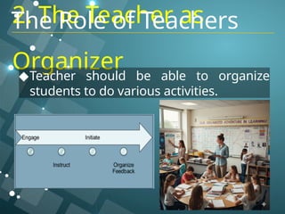 2. The Teacher as
Organizer
◆Teacher should be able to organize
students to do various activities.
The Role of Teachers
 