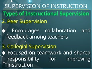 Types of Instructional Supervision
2. Peer Supervision
◆ Encourages collaboration and
feedback among teachers
3. Collegial Supervision
◆ Focused on teamwork and shared
responsibility for improving
instruction
SUPERVISION OF INSTRUCTION
 