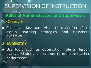 Roles of Administrators and Supervisors
1. Observer
◆ Cconduct classroom visits (formal/informal) to
assess teaching strategies and classroom
dynamics
2. Evaluator
◆ Use tools such as observation rubrics, lesson
plans, and student outcomes to evaluate teacher
performance.
SUPERVISION OF INSTRUCTION
 