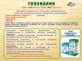 ЭДАС -125 капли , ЭДАС -925 гранулы
              Препараты идентичны по составу , применяются в
            качестве симптоматического средства в комплексной
- ангины, фарингита, ларингита; терапии :
- хронического тонзиллита;
- аденоидита;
- синусита.
Состав: Barium carbonicum (бариум карбоникум) С6, Hepar sulphuris (гепар сульфурис) С6, Mercurius
solubilis Hahnemanni (Меркуриус солюбилис) С6, Сonium maculatum (кониум макулатум) С3, Thuya
occidentalis (туя оциденталис) С3.


  Оказывает     благоприятное       воздействие на
                                                                                  СРОК
  лимфатическую и сосудистую системы , слизистые
                                                                               ГОДНОСТИ 36
  оболочки .
  Обладает антибактериальным , спазмолитическим и                                МЕСЯЦЕВ
  противовоспалительным действием .
  Способствует   очищению      и        уплотнению       миндалин ,
  очищает от налетов и слизи .
  Улучшает носовое дыхание за счет уменьшения
  аденоидов .
  Применяется   не   только   с  лечебной ,  но  и с
  профилактической целью в холодное время года .
  Совместим с другими фармацевтическими
  препаратами .Препарат выбора для лечения
        и профилактики аденотонзиллярной патологии .
 